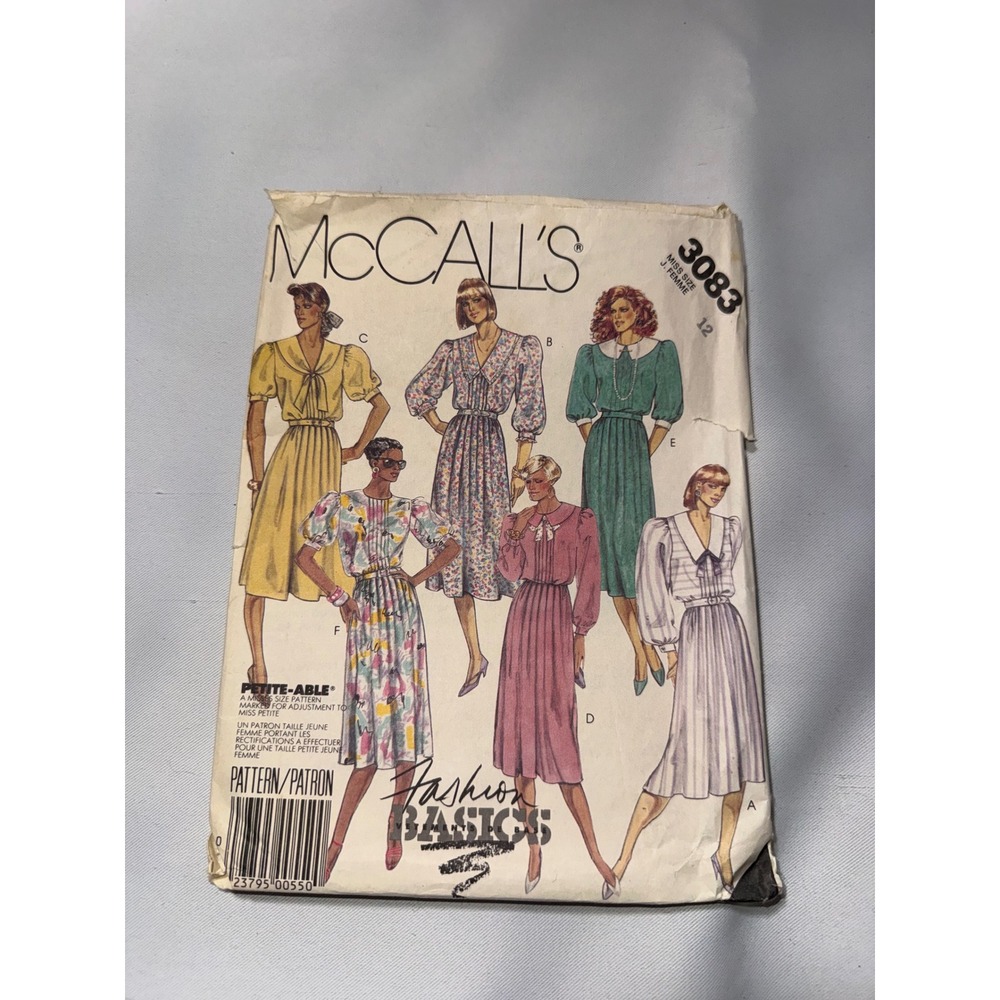 Vintage McCalls 3083 Sewing Pattern Misses Dress Size 12 Fashion Basics 1980s